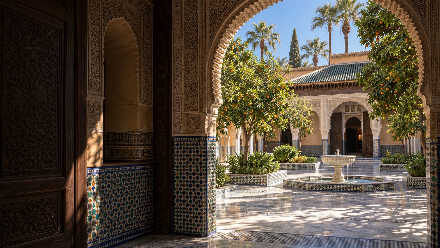 A carved arch opening onto a sunlit Bahia Palace courtyard with orange trees and a fountain